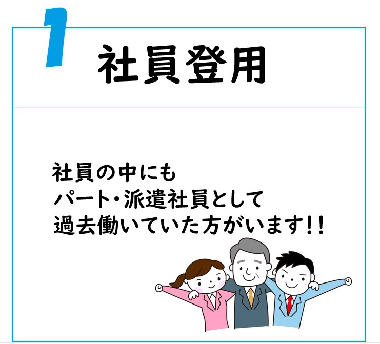 社員登用 - 社員の中にもパート・派遣社員として過去働いていた方がいます！！