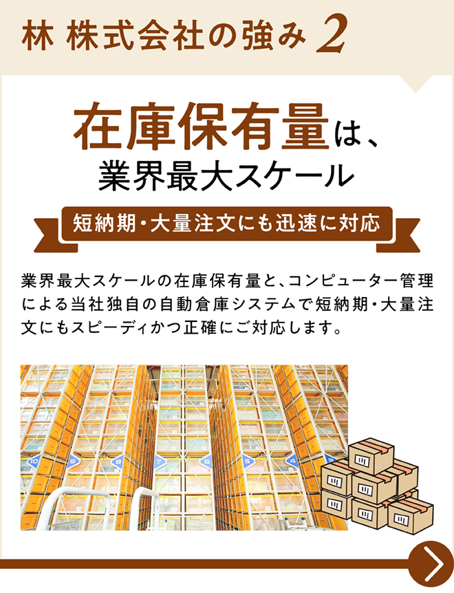 在庫保有数は、業界最大スケール - 短納期、大量注文にも迅速対応